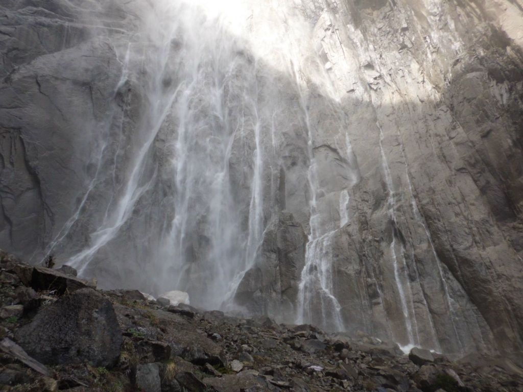 As water flows down Ribbon Fall, it separates into several different strands: