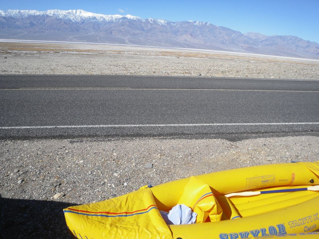 However, we decided to hike out to the northern end of the lake for more solitude.  Thus, we parked a short distance north of Badwater and inflated our kayaks: