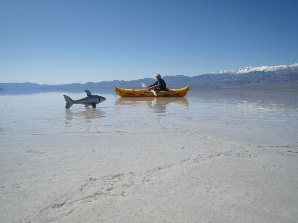 Lake Manly was barely deep enough to move the kayaks around while floating.  The inflatable shark had an easier time than us, as he kept floating away from us: