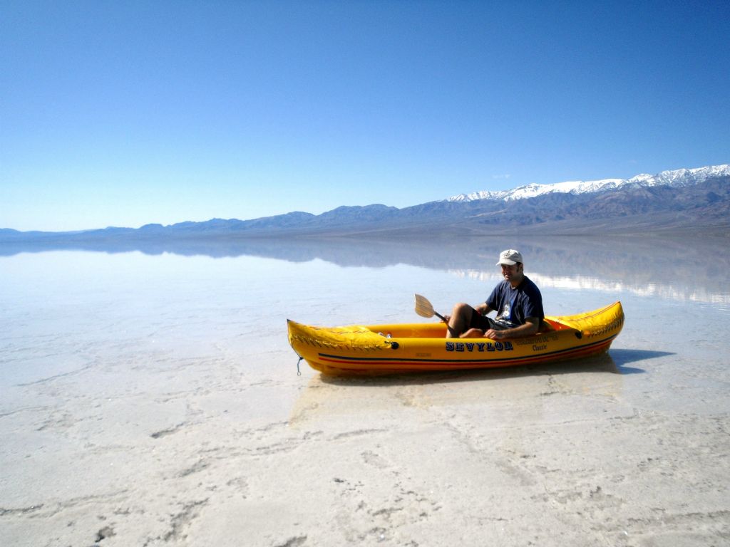 Posing for a shot with the inflatable kayak on Lake Manly in March of 2010:
