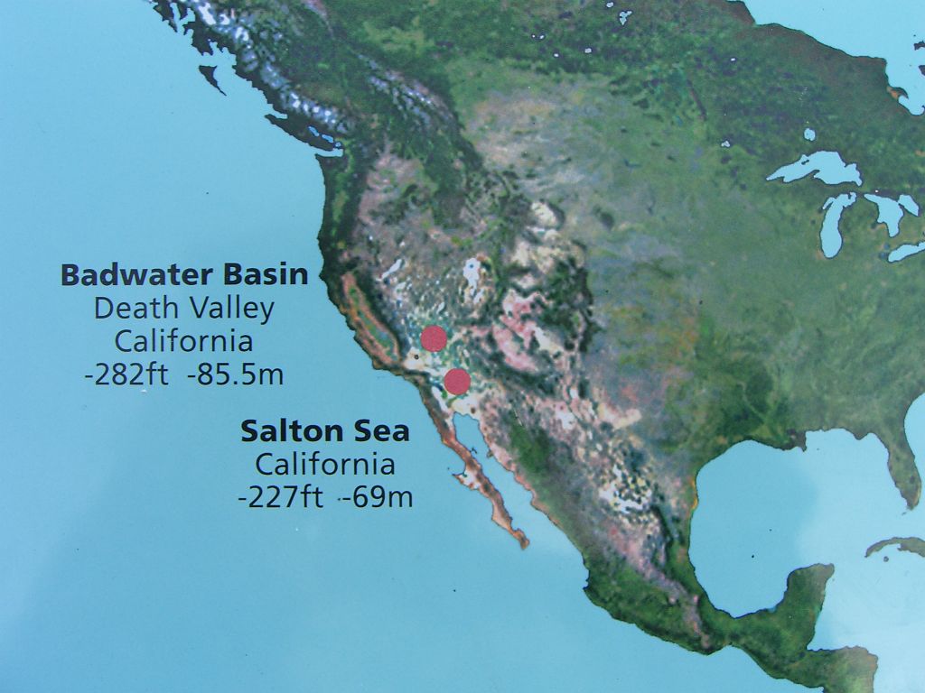 The sign in the previous picture shows the lowest spots at different points around the world.  Here, we are zooming in on North America: