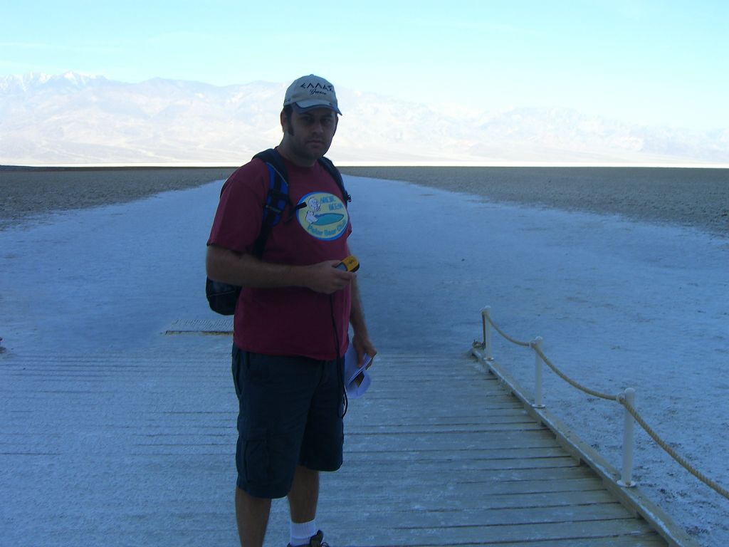 Getting a picture while starting out in the early morning shade of Badwater: