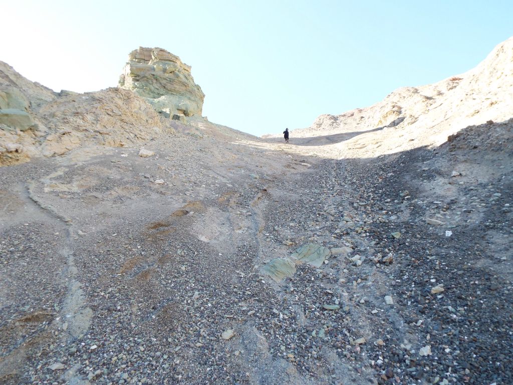 This first portion of the drop had lots of gravel, sand, and soft dirt.  The areas of solid rock were more slippery and had to be avoided: