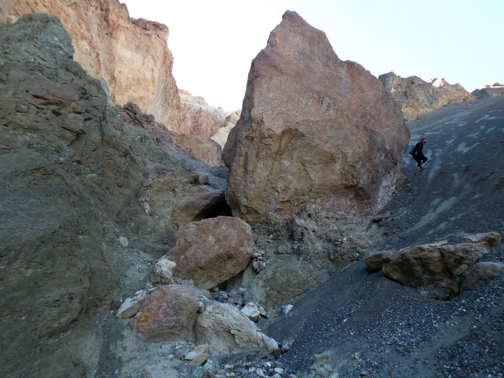 Tiffany following in my footsteps as she circles around an impassable area of the wash: