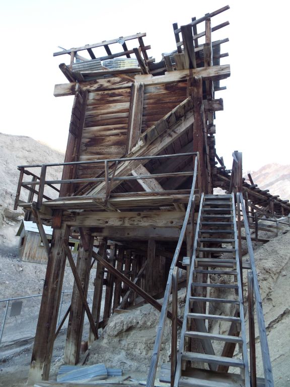 View from the north side of the ore bin structure where a ladder goes up to the middle platform: