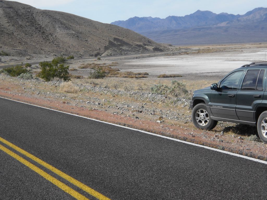 The Mormon Point sign is located off in the distance where Badwater Road takes a sharp left turn and continues out of the picture.  As you can see, the starting point for the hike is relatively close to the sign placement: