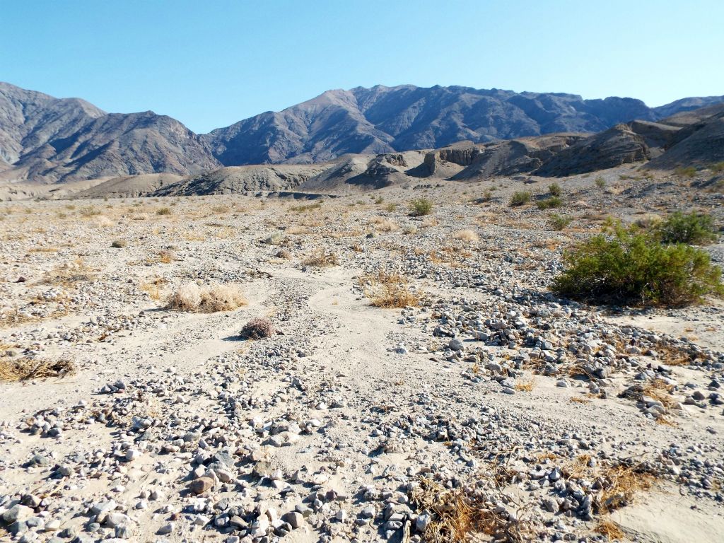 View from the parking area along Badwater Road of the minor canyon drainages leading to the hillside: