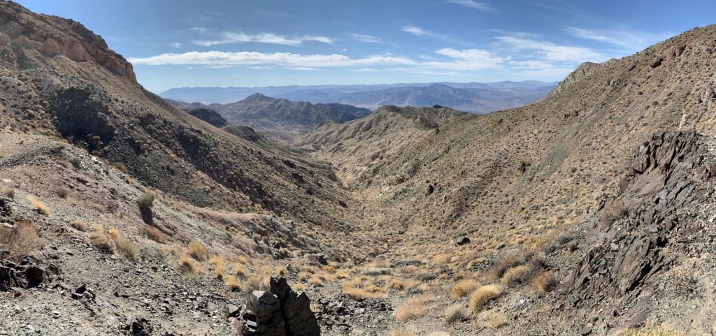 Panoramic view looking down the head of Scotty's Canyon from the saddle above: