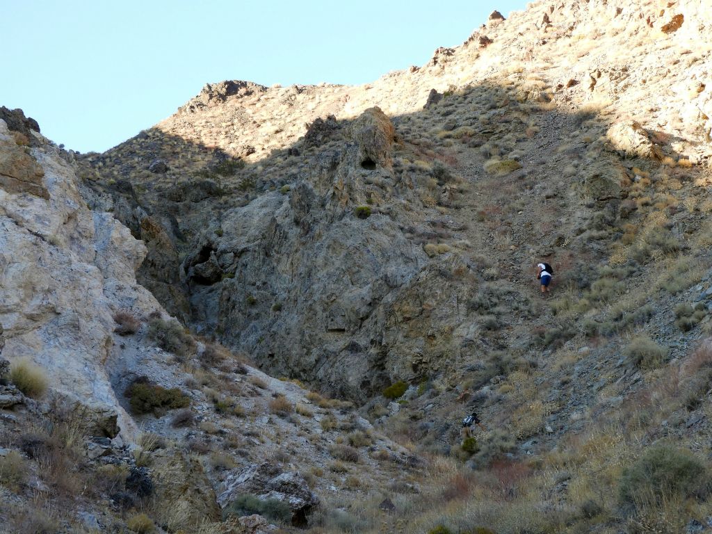 This picture was taken during the hike back, but it is included here to show the intense steepness of the bypass route.  The 1st major dry fall can be seen on the left: