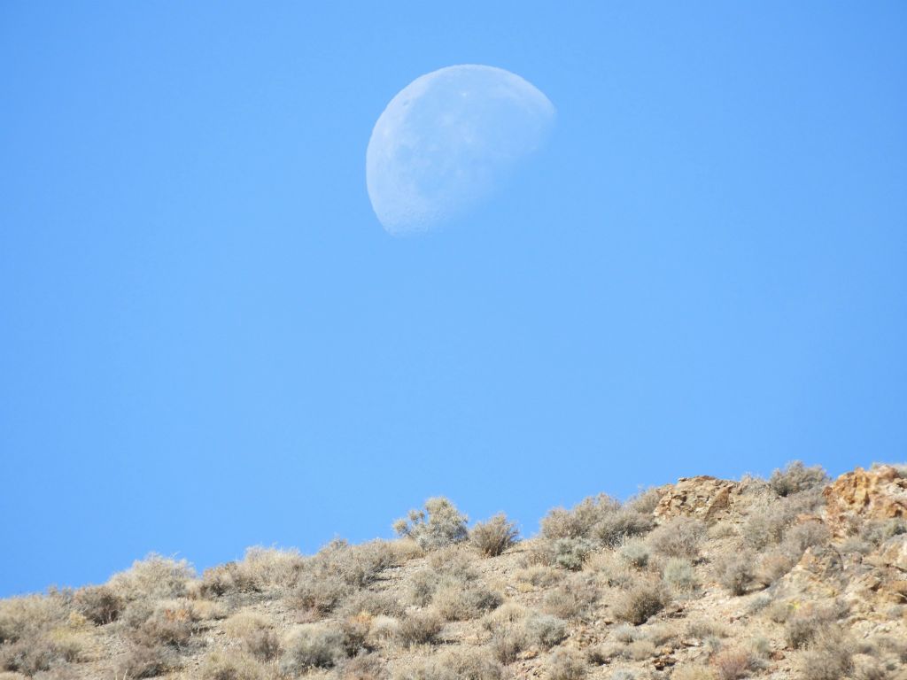 The moon was bright in the sky above a distant ridge: