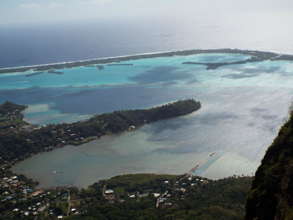 Another majestic view shows the land peninsula leading to Fitiiu Point, Vairou Bay, the lagoon, and the corner of Motu Tofari, which is the far eastern tip of Bora Bora: