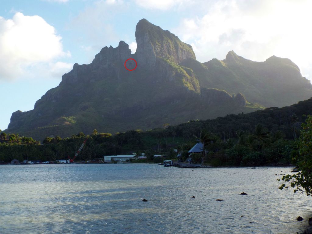 The red circle shows the location of the cave high on Mount Otemanu: