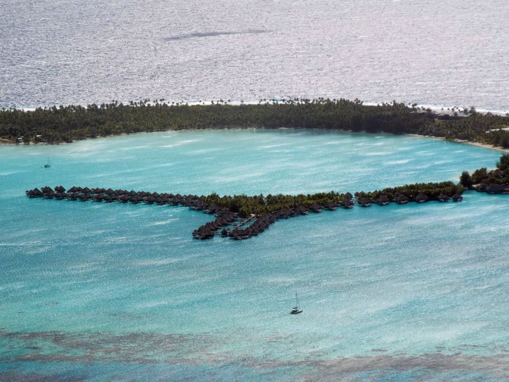 A close-up of the overwater bungalows of the St. Regis Bora Bora Resort: