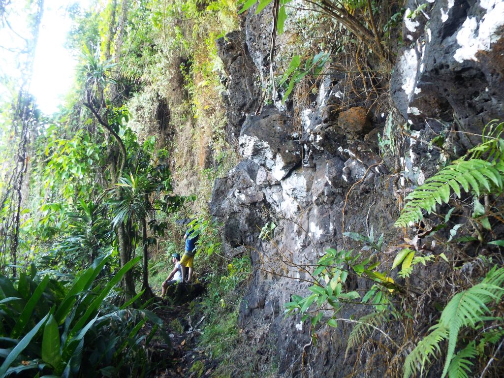 The trail continues to the left here as it levels out and follows the base of the rock wall.  The hike time was 2 hours of nonstop steep climbing to this point: