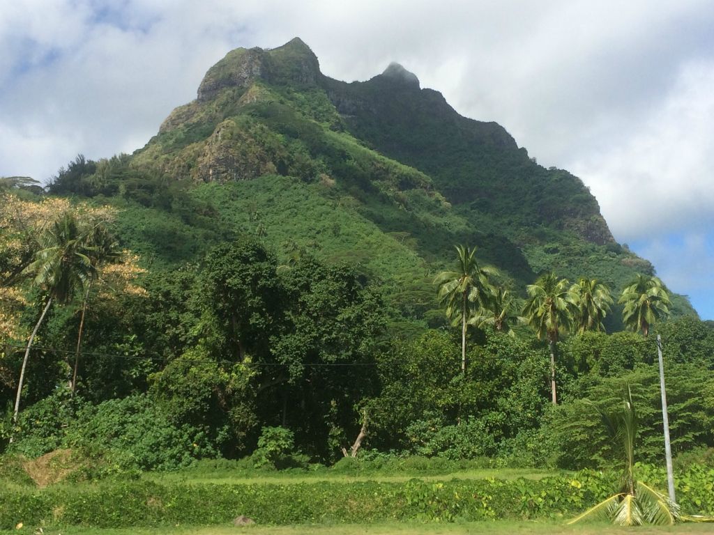 Our lodging in Vaitape had this outstanding view of Mount Pahia.  We could see the peaks from our balcony: