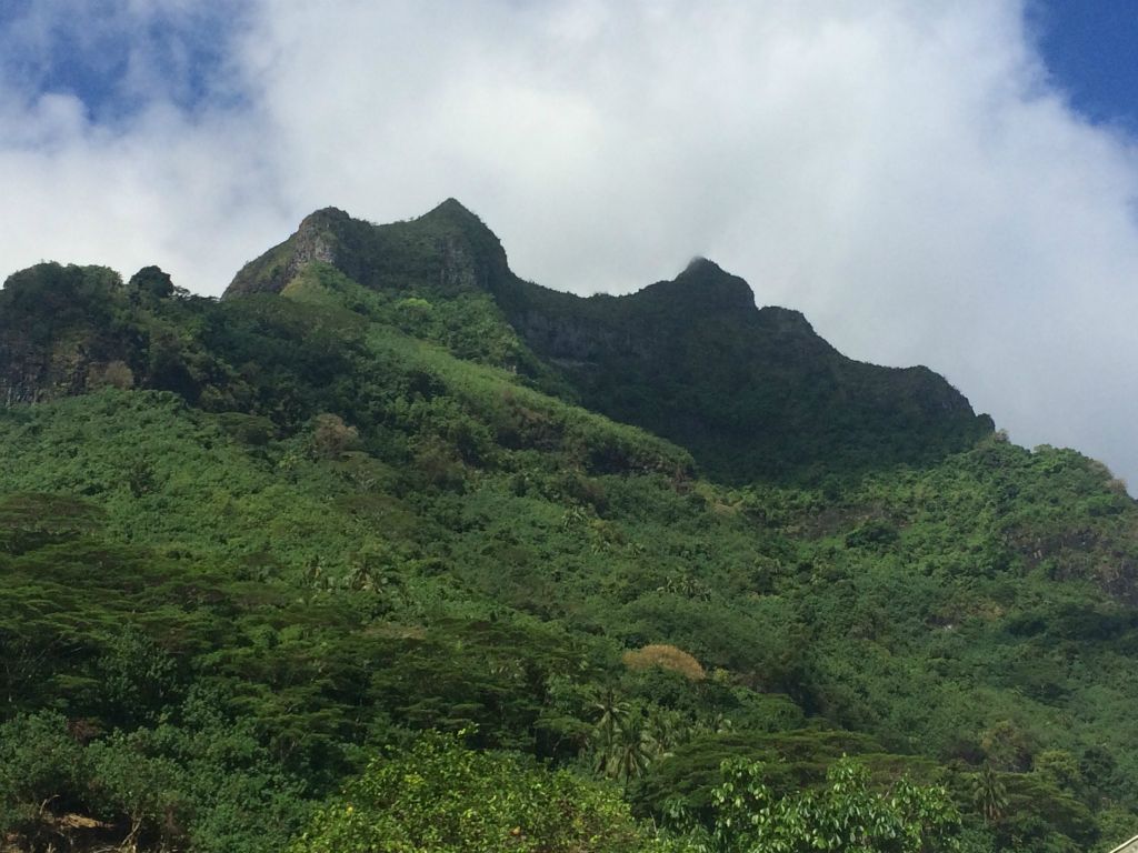 Mount Ohue (2,031 feet) is the left side peak and Mount Pahia (2,169 feet) is the right side peak.  The two peaks are connected by a ridgeline and saddle: