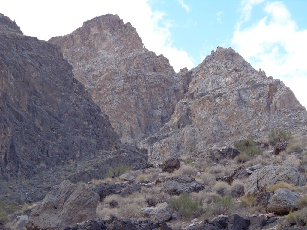 Looking up at the rocky peaks high above the canyon: