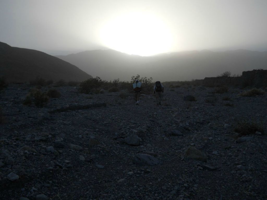 Heading up the notoriously rocky Dry Bone Fan in low visibility due to the blowing wind: