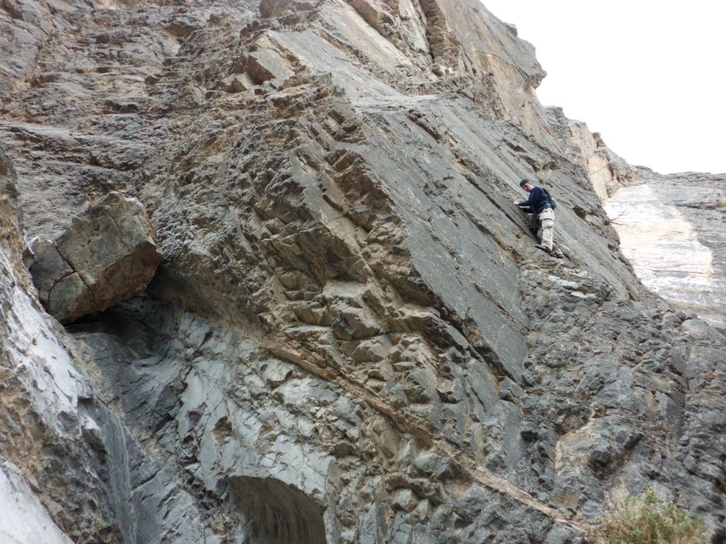 Tobin tried to find a way to bypass the 1st major dry fall on the right side, but it proved to be too treacherous as you can see here.  The bypass on the left side was just as bad and had even more exposure.  You can see why we strongly recommend stopping here: