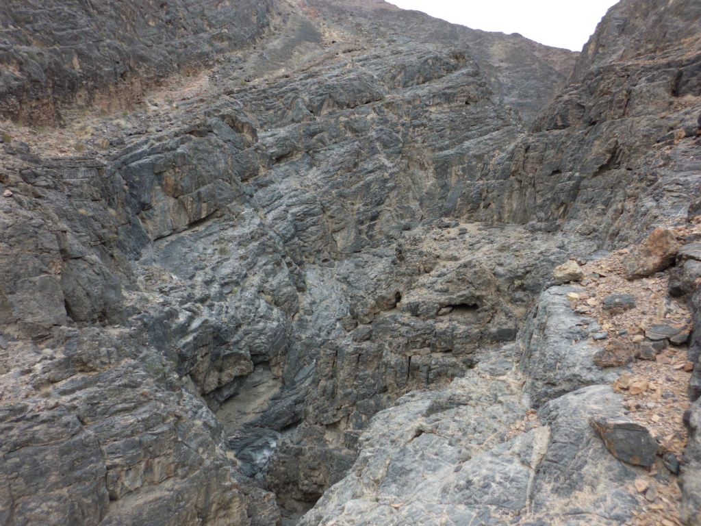 At the major bend in the canyon, we turned left and began hiking up the bypass gully.  This view shows the narrows we hiked through: