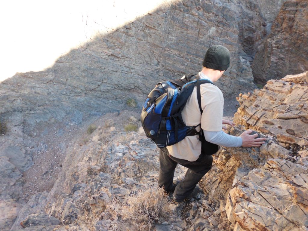 But we did find a way into Upper Hidden Bridge Canyon just above the narrows of the last two pictures.  Here we are carefully dropping into the canyon: