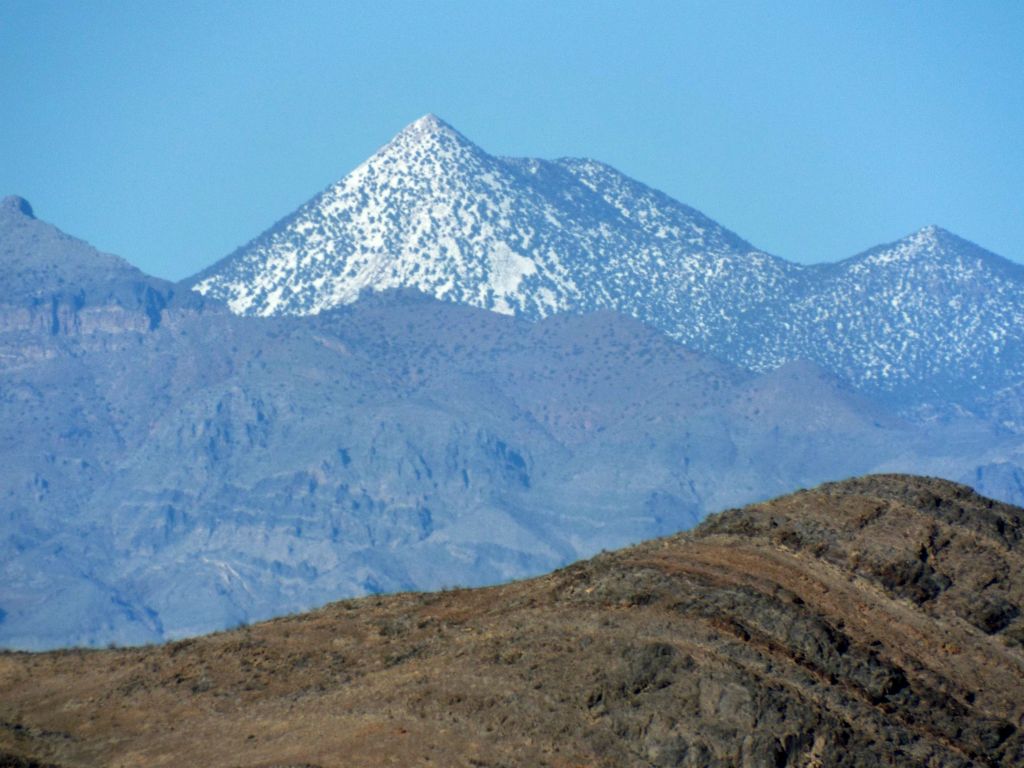 Wahguyhe Peak (8,628 feet) rises up prominently about 28 air miles away in the distant Grapevines: