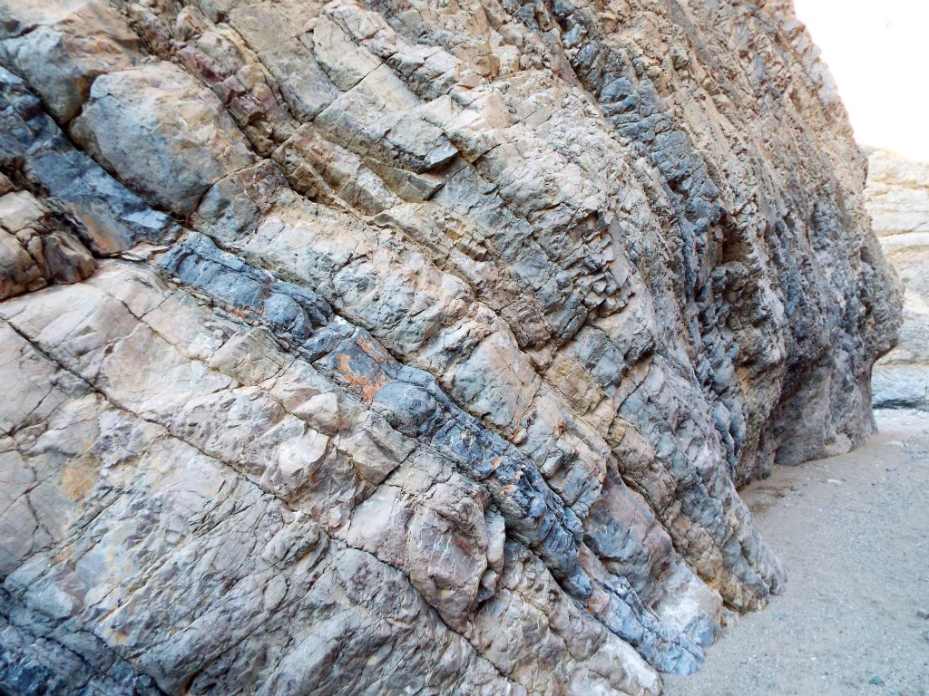 Notice the tilted and very distinct layers visible within this canyon wall: