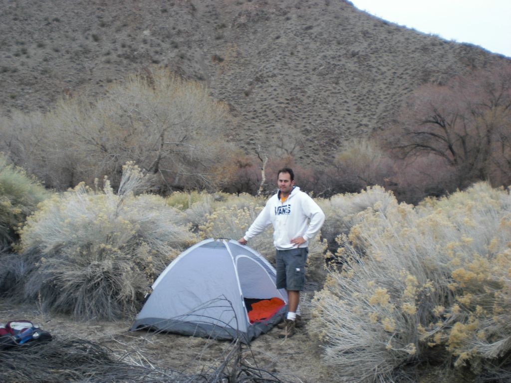 Regulations require you to camp away from flowing water.  The only practical place to do this in Cottonwood Spring is past the source of the springs, once you emerge from the thick brush.  We found a nice level area about one hundred yards away from water: