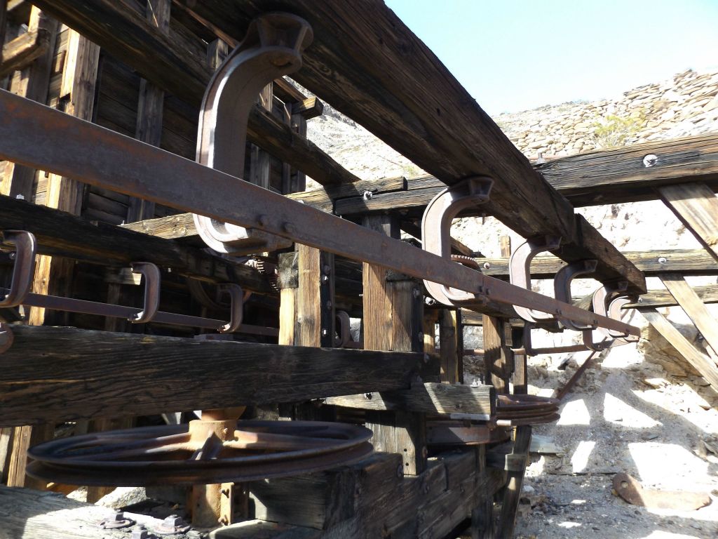 The upper tramway terminal is incredible to check out up close.  At this spot, empty ore buckets would enter the terminal and circle around to the left along this iron track: