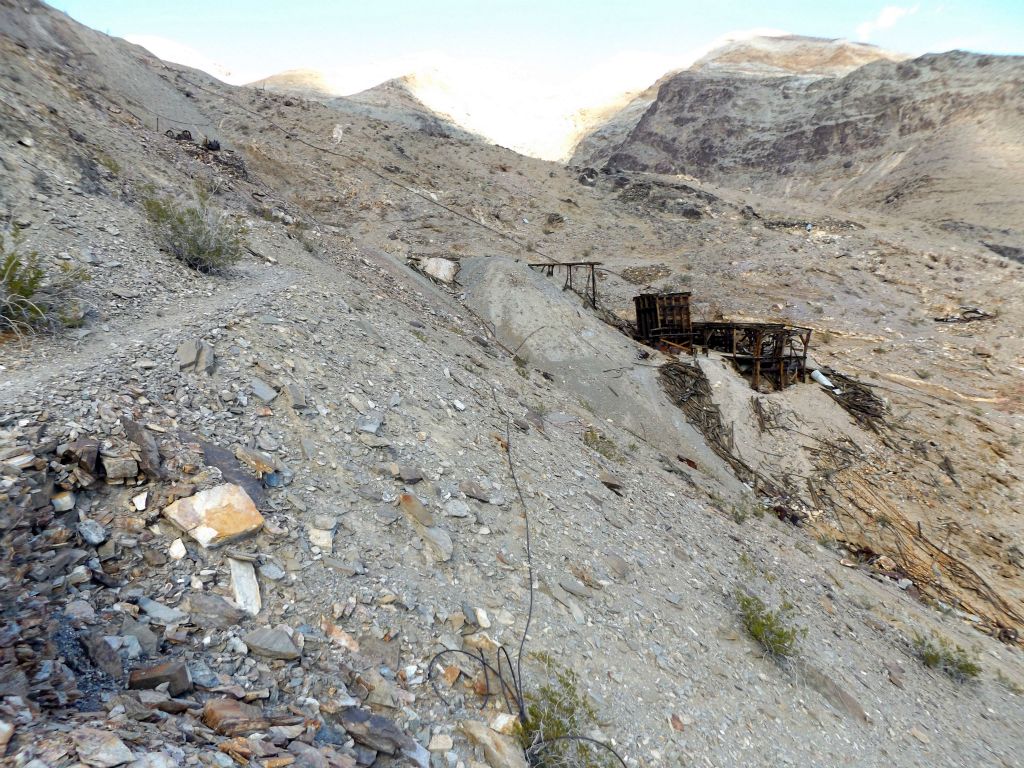 Looking back at the ore bin and upper terminal as we continued along the trail: