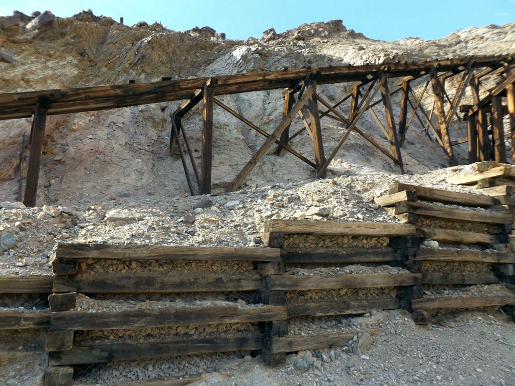 Well-built retaining walls located below the lower tramway terminal at the mill complex: