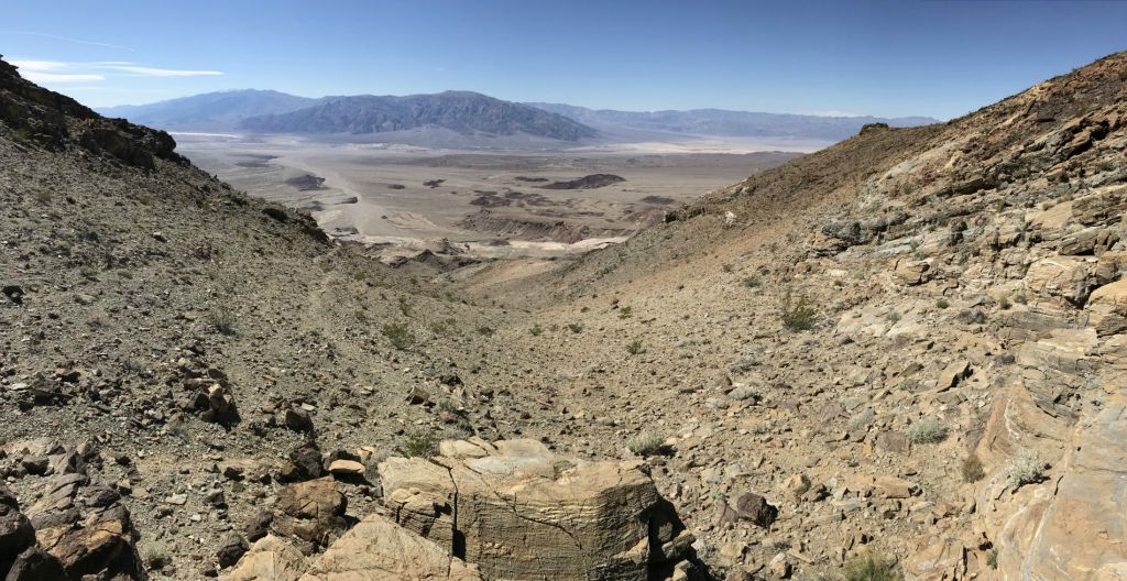 Panoramic from the canyon overlook looking back toward central Death Valley and Mesquite Flat: