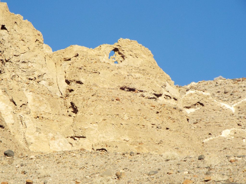 Back out in the sunny wash, we spotted an arch up on the hillside:
