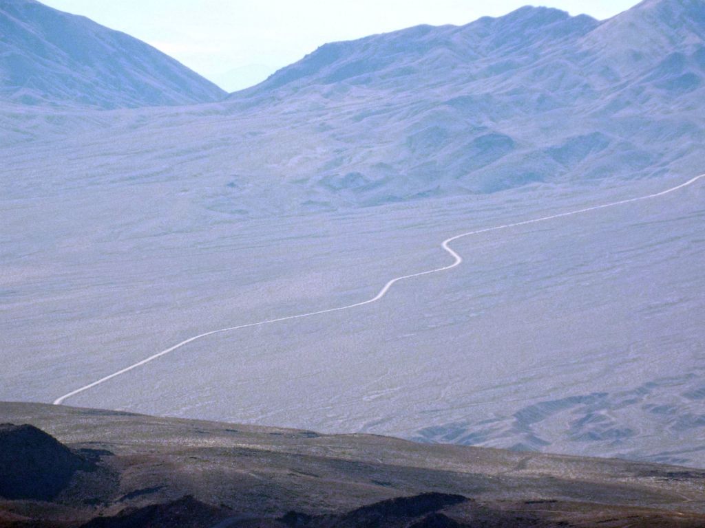 This shows Dante's View Road winding up the backside of the Black Mountains: