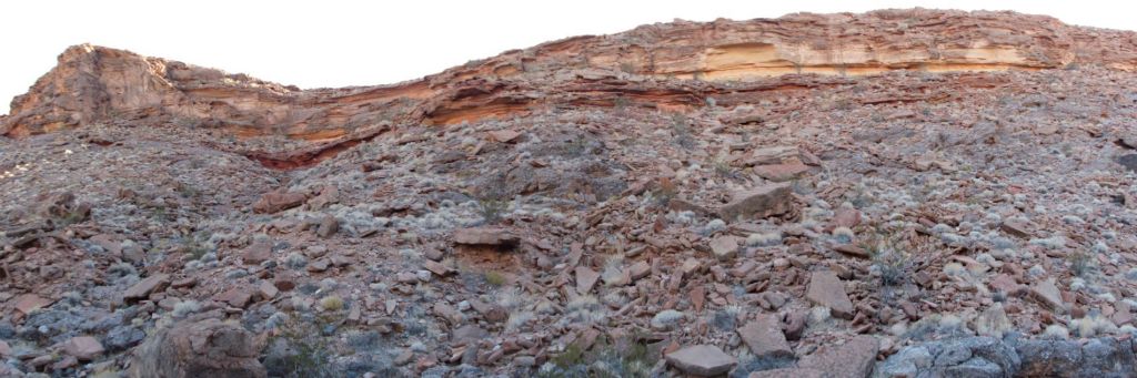 Panoramic of Red Amphitheater taken from the wash looking up: