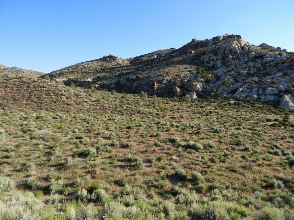A giant wash must now be crossed and I had to head toward the rocky hillside seen in the distance to get into the Coyote BM wash.  This part was just slightly tricky to navigate: