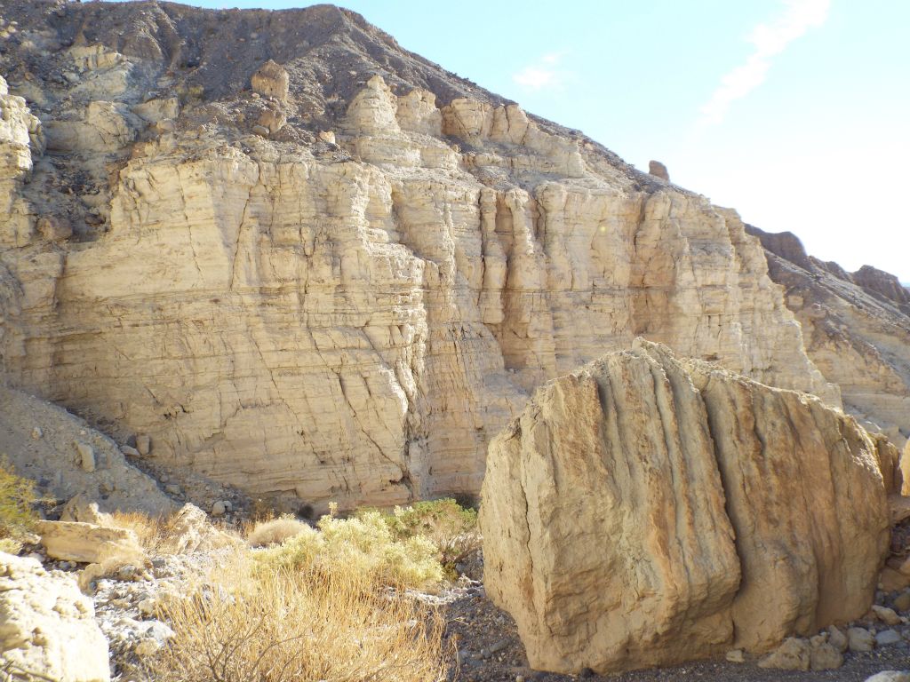 This picture shows a gigantic white boulder which broke off from the cliffs and rolled into the wash: