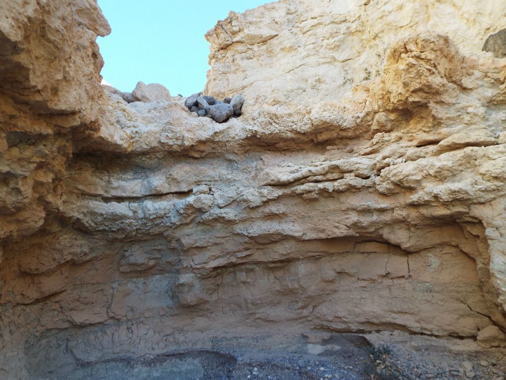 A closer look at the major dry fall which is made of conglomerate rock layers.  There is no way to climb this one: