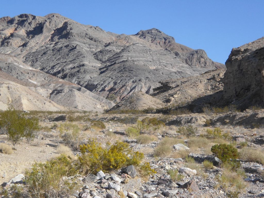 About three miles from the road, this was the view approaching the mouth of Grey Wall Canyon, which cuts sharply to the right up ahead: