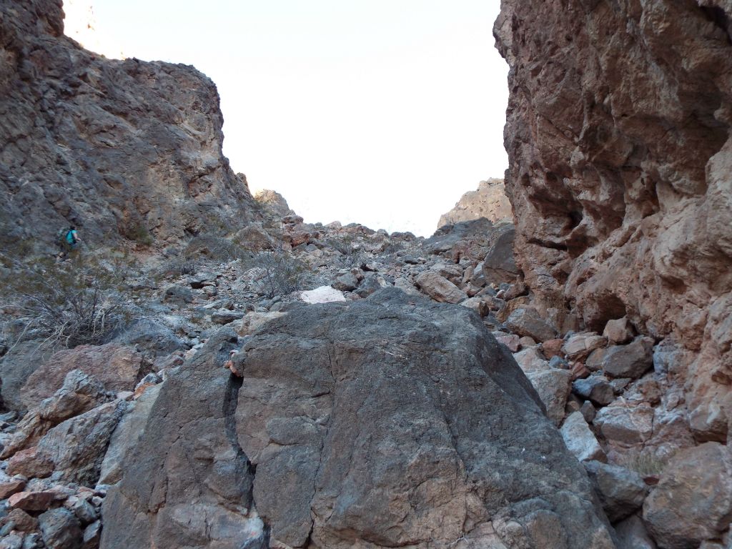 In this picture, you can see that Charlie and I are hiking up opposite sides of the gully.  This shows that there is not just one correct way up the lower part of the bypass.  We did this mainly so that we could minimize the potential of one hiker dislodging boulders which would roll onto the other hiker: