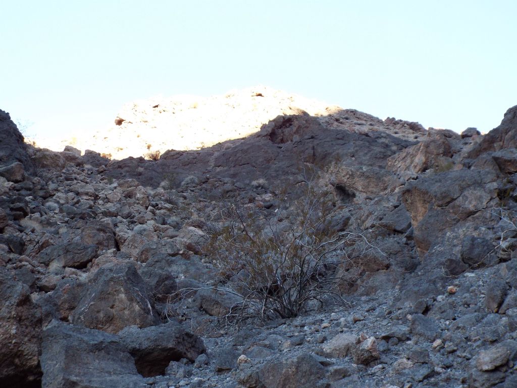 We reached the mid-point of the uphill portion of the bypass and got close to the critical junction.  At this spot, you need to begin angling toward the right.  If you head to the left, you will get cliffed out: