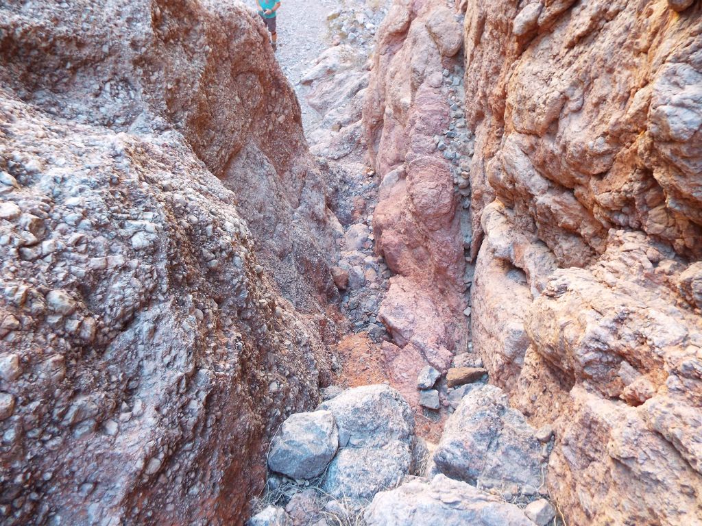 We climbed down the shelf of boulders and then dropped down this chute in order to finish the bypass: