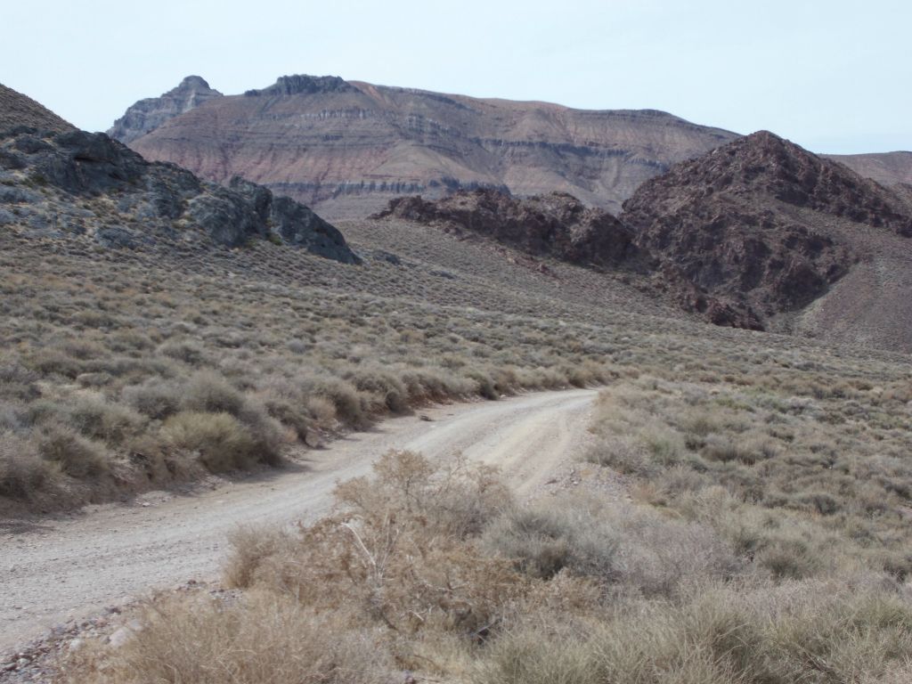 Thimble Peak appears for the first time while driving along Titus Canyon Road:
