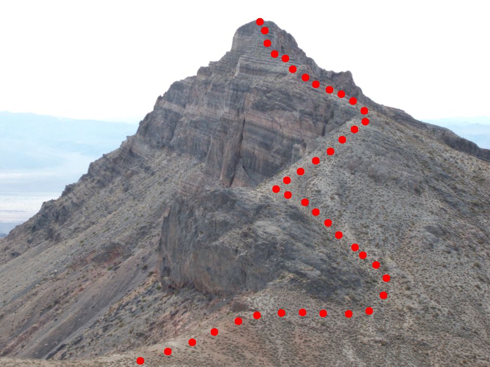 The marked route is the easiest way up to the top of Thimble, and there is a path to follow most of the time.  Print this picture out to take with you if you go: