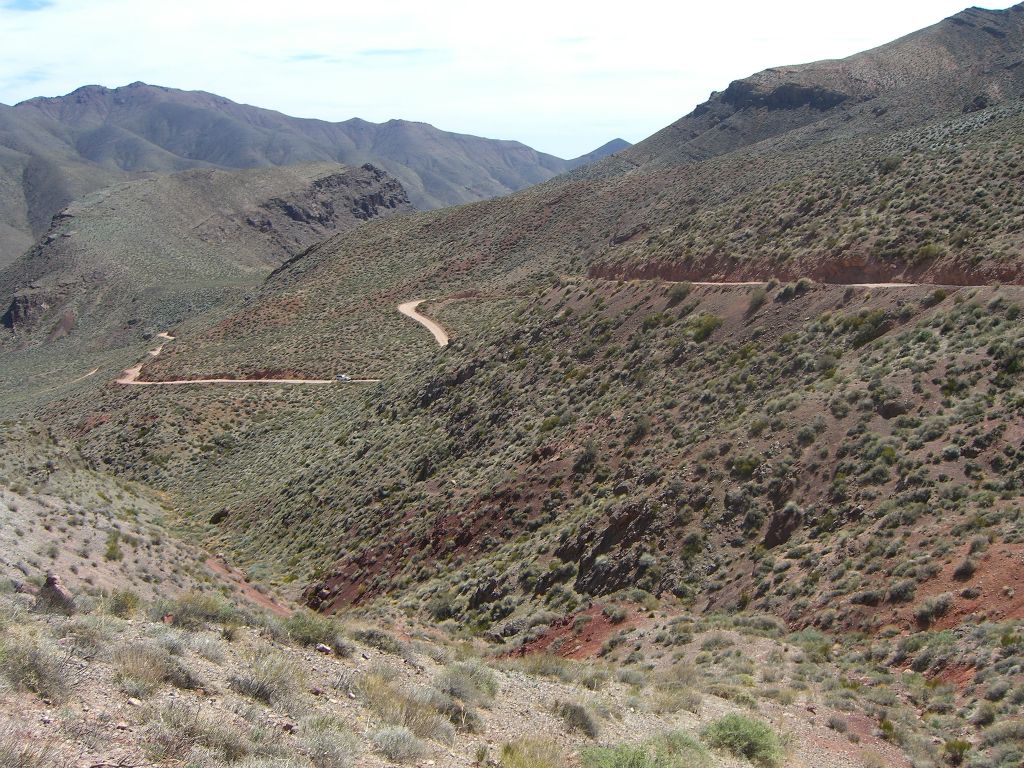 Parking at Red Pass and looking at the cliffs section of the road which we had just driven: