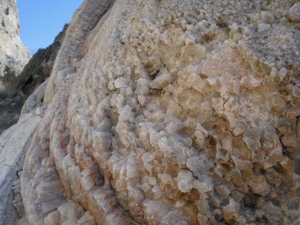 Check out the crystal-like formations growing out of the rock on the canyon wall: