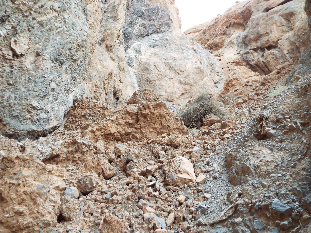 This area may very well have been a major dry fall at one time which was filled in by a huge rockslide.  It's hard to see that in this picture but it sure felt like it while climbing this part: