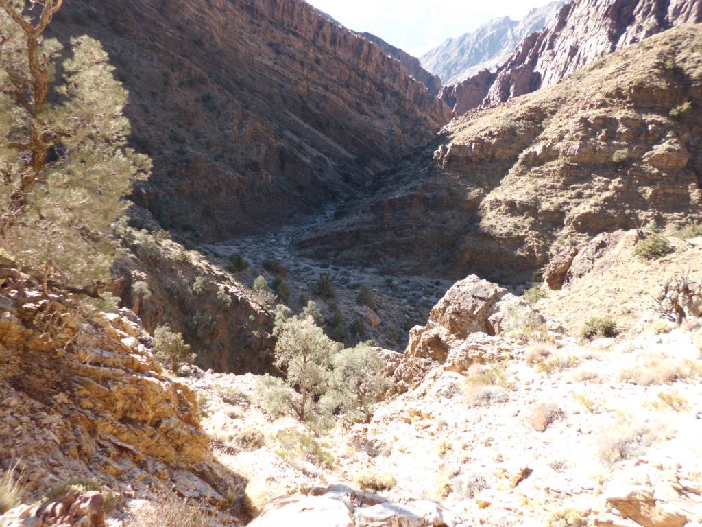 Now we have to choose 1 of like 5 possible gullies to head back down and get off the bypass.  At least 3 of the 5 looked really scary.  We analyzed all of them and chose the one we were most comfortable with: