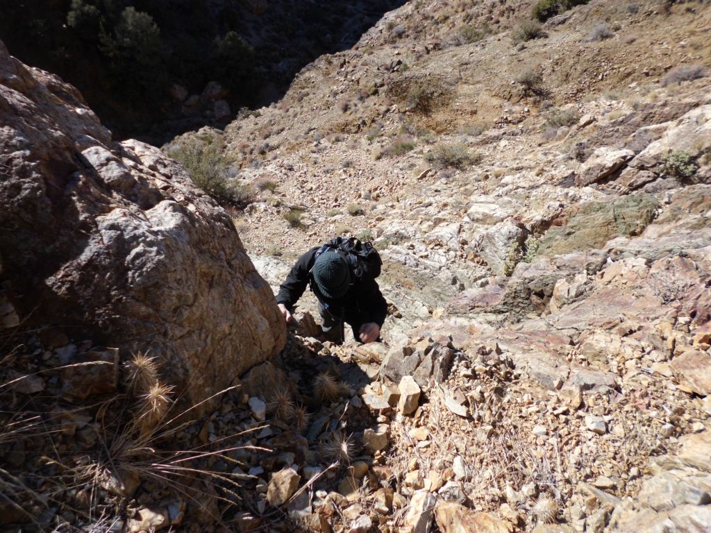 Here Tobin is carefully making his way down the gully we have chosen, which still included some steep sections with crumbly rock: