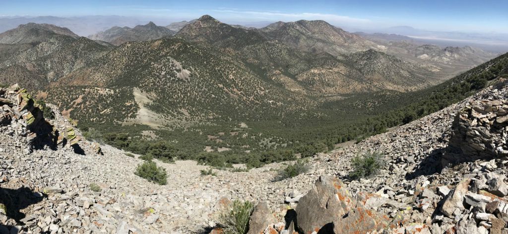 Scree field panoramic looking down as we neared the top of the steep slope: